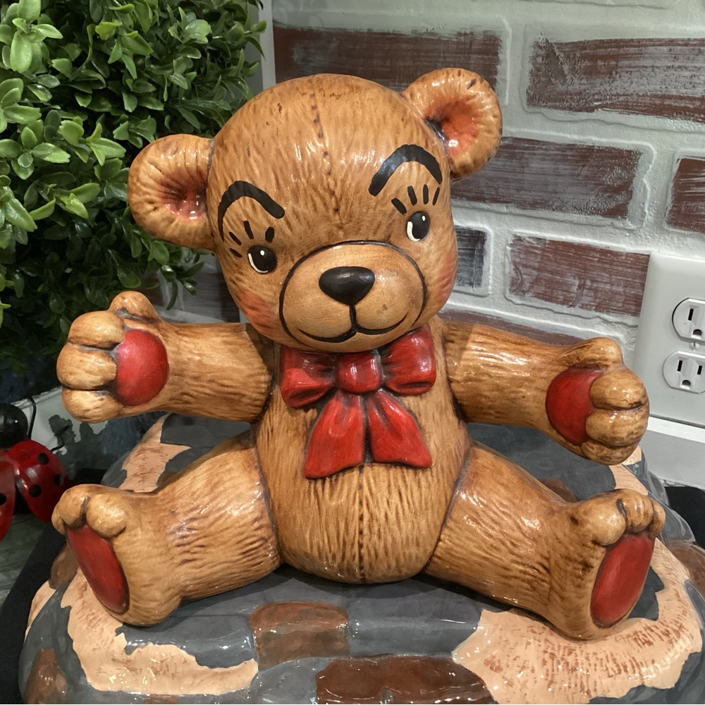 🔴 Vintage - Ceramic Crafted Teddy Bear Coin Bank - Large - Colorful - Like New